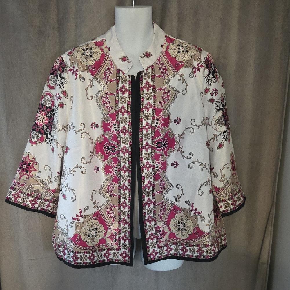 TanJay White Jacket with Pink and Tan Ornate Print